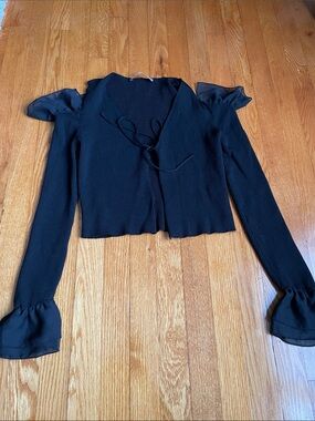 Zara Black Ribbed Tie-Front Long Sleeve Top with Sheer Ruffle Sleeves